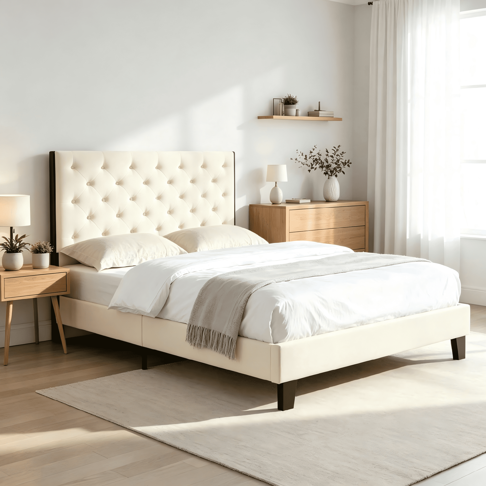 AC Pacific Modern Chic Polyester Beige Tufted Full Platform Bed