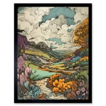 Meadow River Multicoloured Landscape Illustration Art Print Framed Poster Wall Decor 12x16 inch