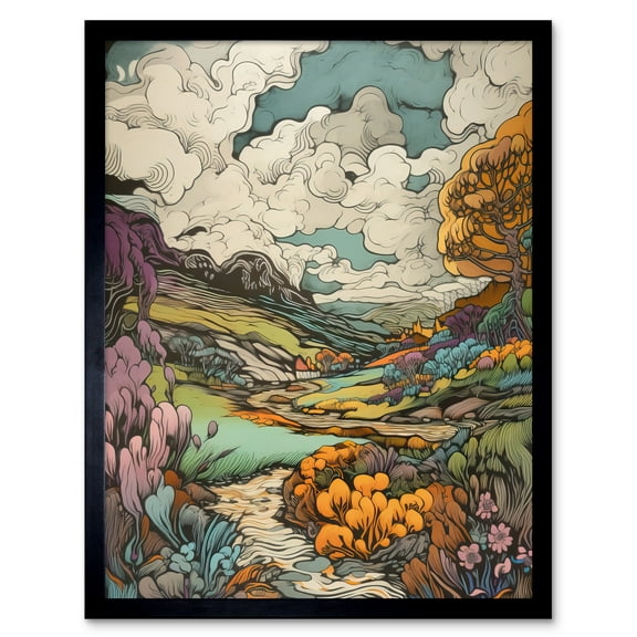 Meadow River Multicoloured Landscape Illustration Art Print Framed Poster Wall Decor 12x16 inch