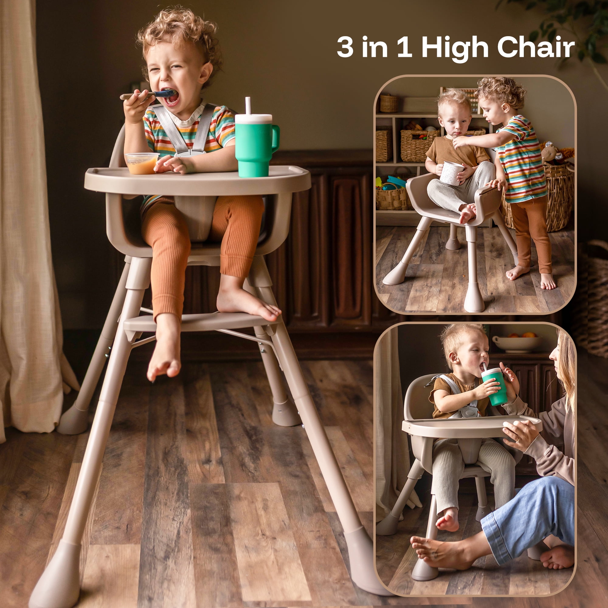 HARPPA 3-in-1 Convertible Baby High Chair, Feeding Chair  for Toddlers , Khaki