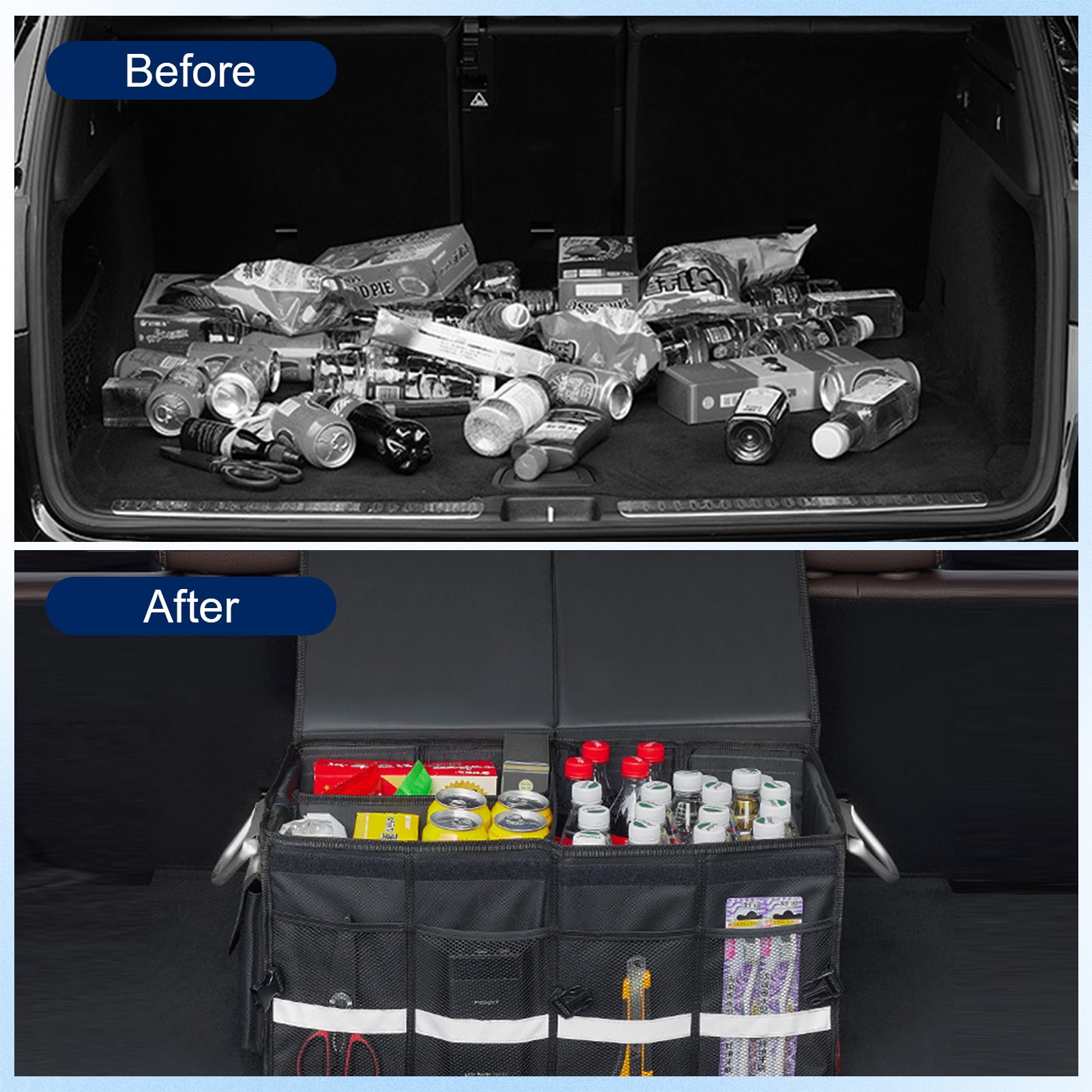 Car Trunk Organizer for SUV, Lychee Collapsible Multi Compartments Trunk Vehicle Organizer, Waterproof Car Storage Organizer with Foldable Lid, Aluminium Handle, Non Slip Bottom (Black)