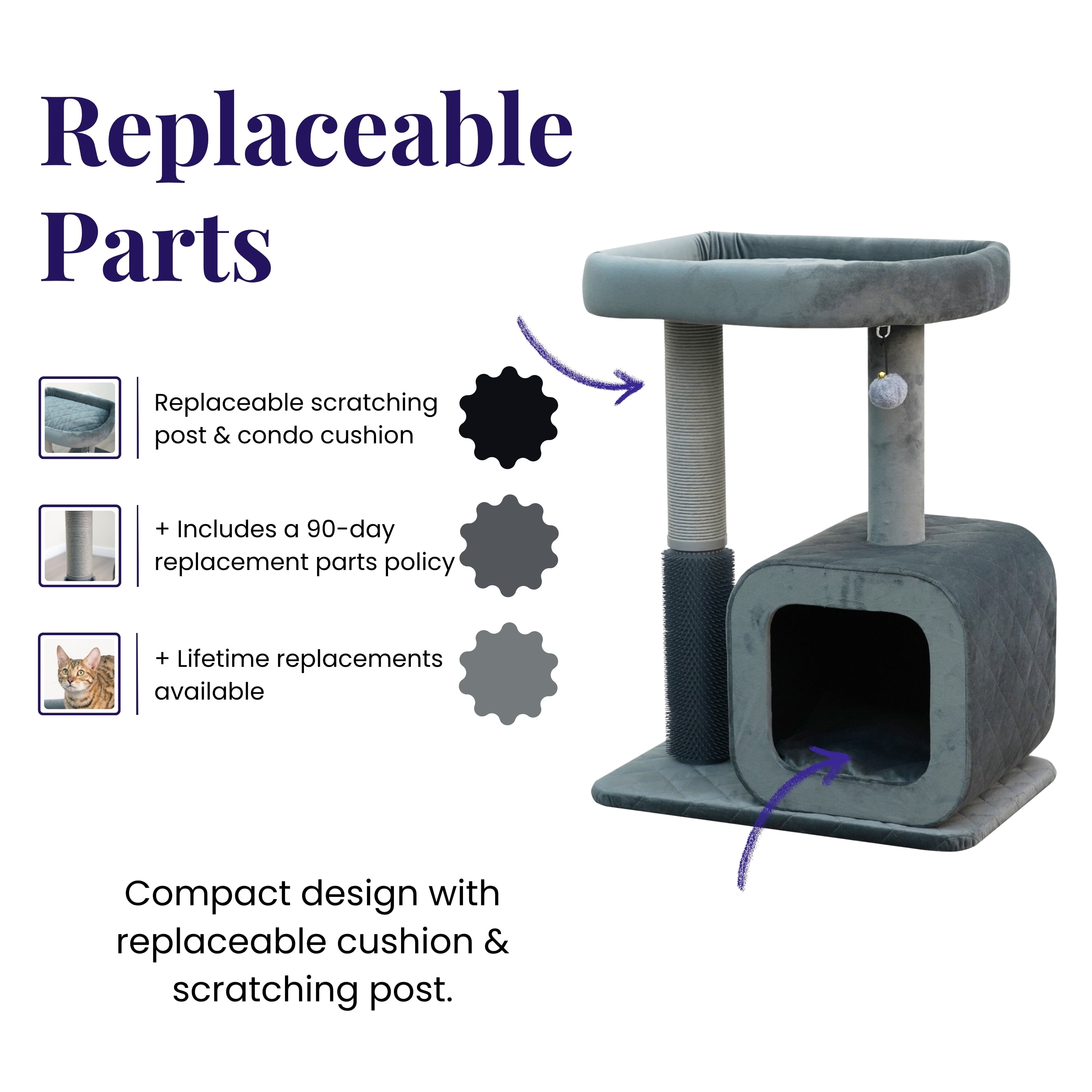 Catry Modern Medium Cat Tree with Large Base Condo, Top Bed, Scratching Post, Self Grooming Brush
