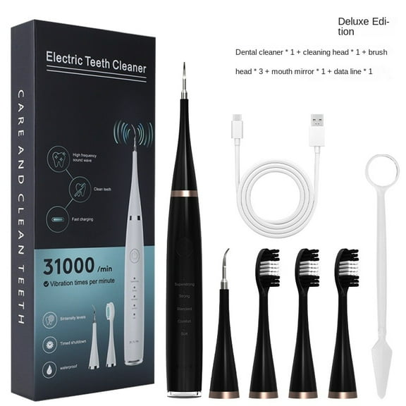 Electric Teeth Cleaning Kit , IPX7 Waterproof Ultrasonic Teeth Cleaner with LED Light 3 Adjustable Modes 3 Replacement Heads 1 Oral Mirror for Tartar Plaque Remover Tartar- White.