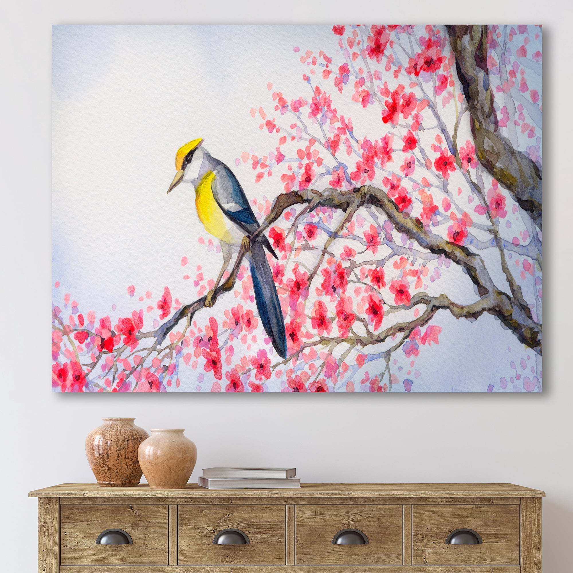 Designart ' Beautiful Red Bird Sitting On Flowering Branch II ' Traditional Canvas Wall Art Print
