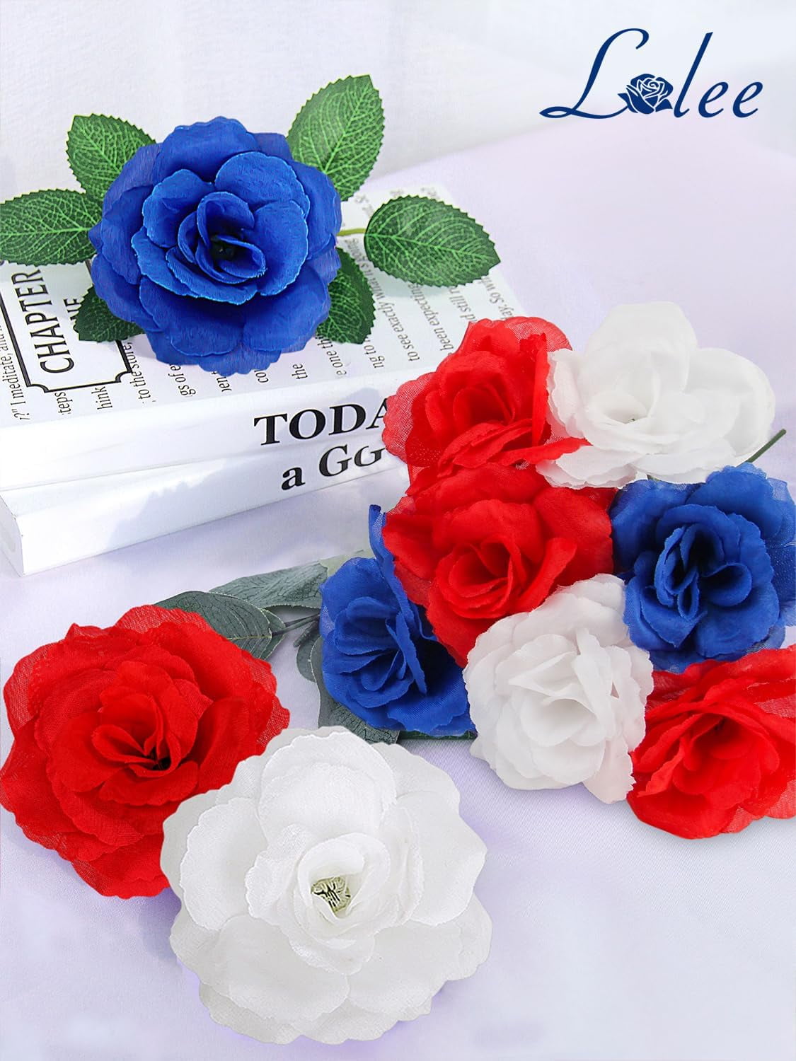108pcs Roses Head Flowers with Stem - Red Blue White Artificial Flowers Rose Bulk - Silk Rose Fake Flower Arrangement for Patriotic Memorial Bouquet Grave Centerpieces 4th of July Veterans Party Deco