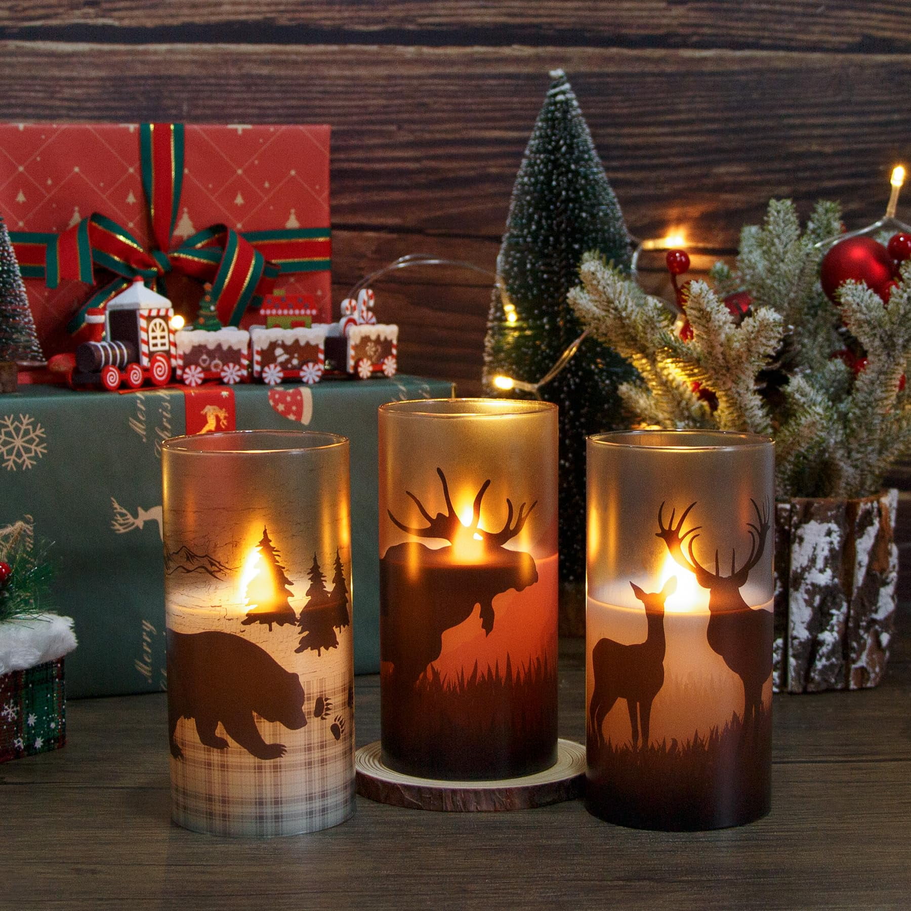 Mavandes 3pcs Flameless Led Real Glass Remote Candles with Deer Moose Bear Decal, 3 x 6 inches Flickering Battery Operated Timer Pillar Candles