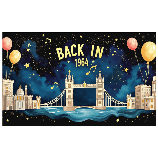 Vintage Themed Backdrop Banner with 1964 Design Balloons Music Notes and London Bridge Element Party Decorations for Retro Events Anniversary Celebrations Photography Props