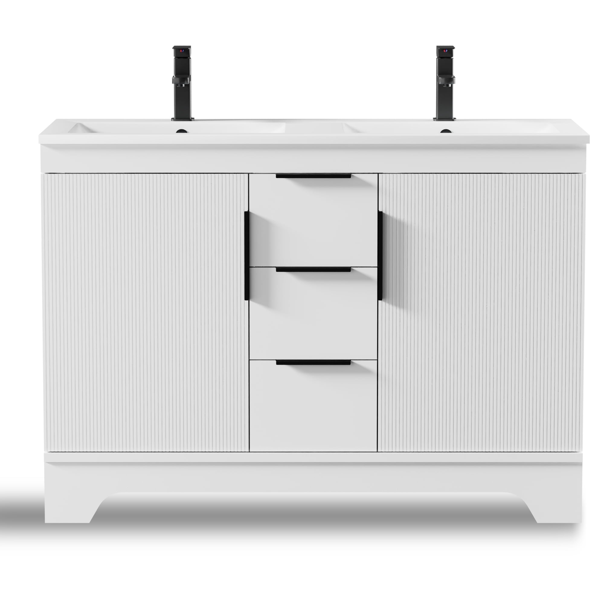 Eclife 48-inch Double Sink Bathroom Vanity with Integrated Tops, Soft-Close Hinges, Fluted Door Design, Mid-Century Modern