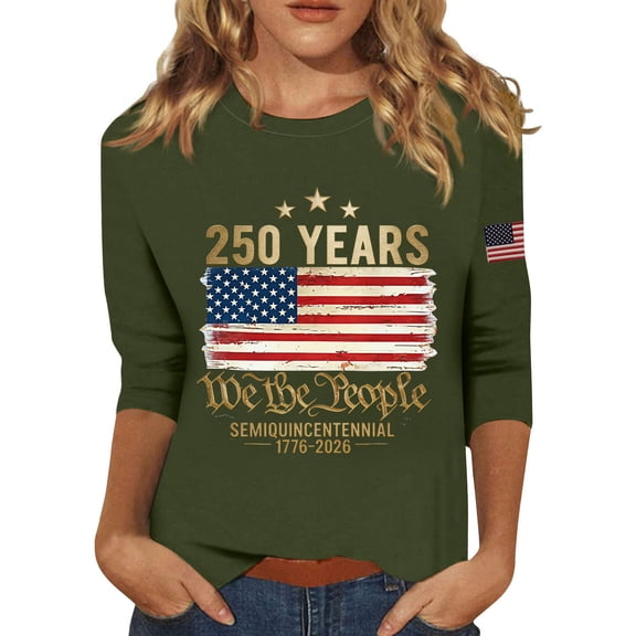 Women's T-Shirts America 250 Patriotic Flag Print Crew Neck 3/4 Sleeve 1776–2026 Anniversary Top
