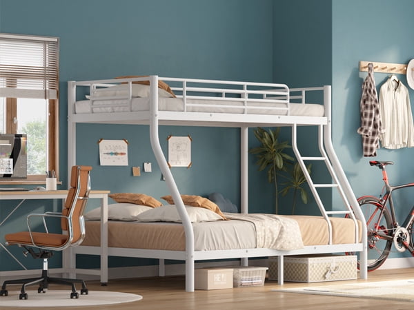 Metal Bunk Bed(500LBS), Twin Over Full Size with Guardrail & Ladder, Sturdy Steel Frame for Adults, Teens, Kids, Space Saving, Easy to Assemble, No Box Spring Required, White