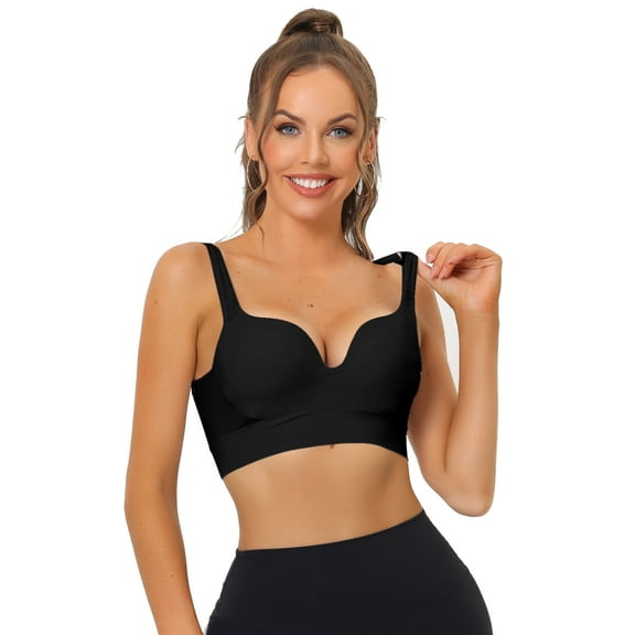 DARING DIVA Women's Medium Impact Workout Deep V Neck Wireless Sports Bras L Black