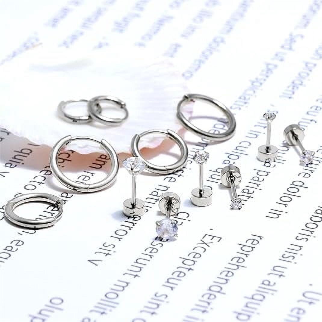 Knubmt 12 Pairs 316L Stainless Steel Earring Set 14K Gold Plated Hoop Earrings Flat Back Stud Earrings for Women Men, Silver