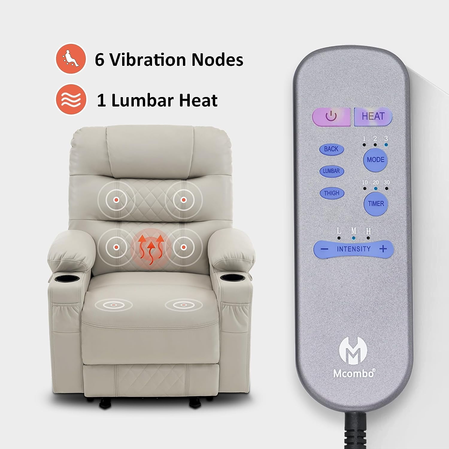 MCombo Power Recliner Faux Leather Living Room Electric Reclining Chair, No Lift, 621 (Light Grey)