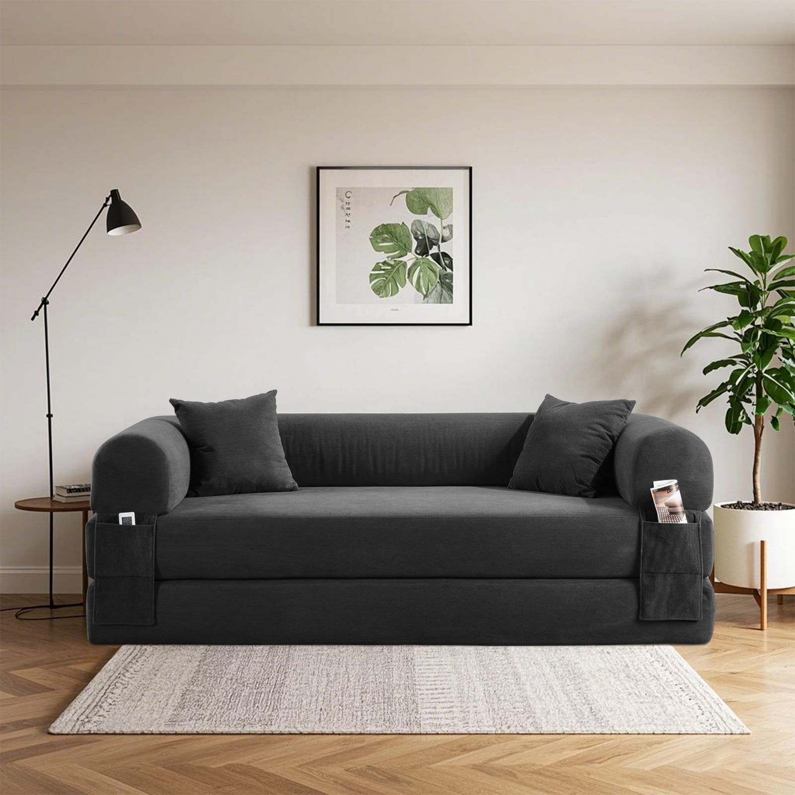 3 in 1 Convertible Sofa Bed, 80" Corduroy Folding Pull Out Couch with 2 Pillows, Floor Sofa with Side Storage for Living Room, No Assembly Modern Boneless Couch Compression Sofa, 35.4"W