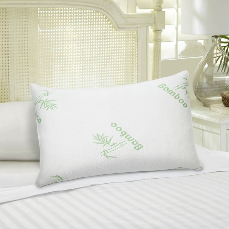 Spirit Linen Bamboo Memory Foam Pillow - White/Light Green Leaves