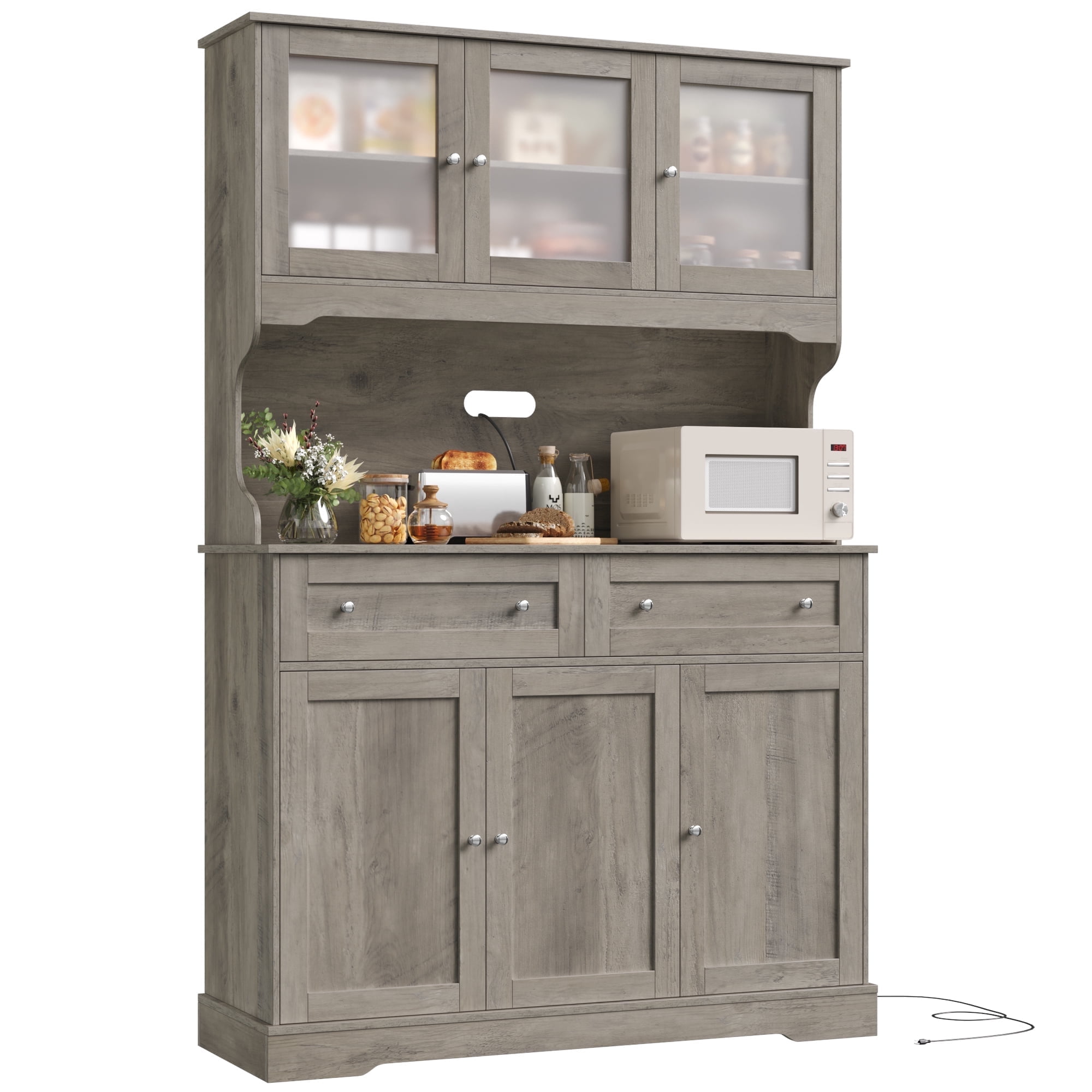 Hiphuta 72"Tall Kitchen Pantry Storage Cabinet with Power Outlet, Freestanding Cupboard Storage Buffet Hutch with Microwave Stand, Storage Pantry with Drawers & Glass Doors, Ash Gray