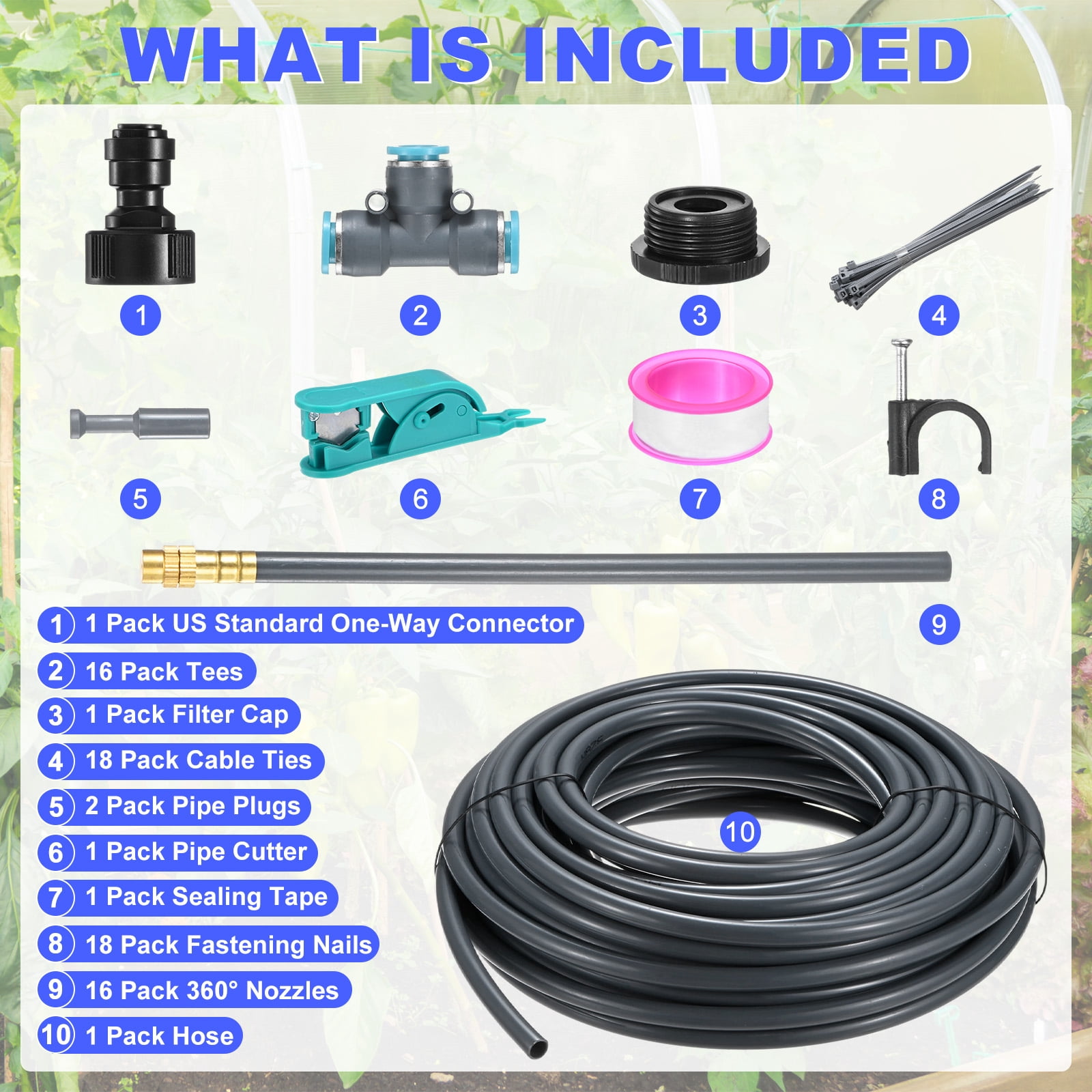 Uxcell 1-Set Drip Irrigation Systems, 50Ft 5/16" Hoses Garden Watering Misting System with 16pcs 360° Adjustable Copper Nozzle