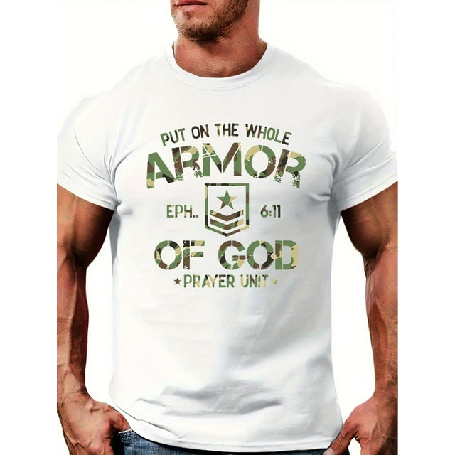 Camiseta cómoda y elegante con estampado de letras de la Armadura de Dios para hombre, ropa de verano para exteriores, tops, regalos y camisetas informales.