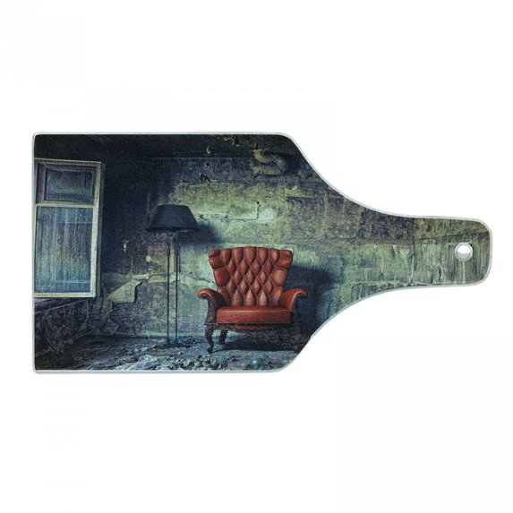 Antique Cutting Board, Old Armchair in Grunge Retro Interior Damaged Messy Abandoned House Old, Tempered Glass Cutting and Serving Board, Wine Bottle Shape, Pale Green Red Black, by Ambesonne