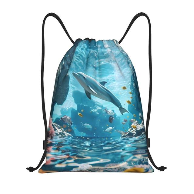 Lukts Underwater Dolphin Scene Pattern Drawstring Backpack Bag Sport Gym Sackpack,String Backpack Sport Bag Sack,Cinch Tote Gym Backpack-Small
