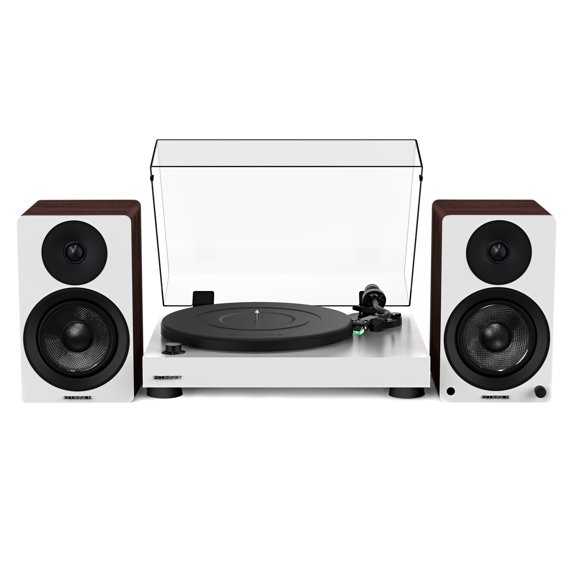 Fluance RT81 Elite High Fidelity Vinyl Turntable (White) with Ai41 Powered 5" Stereo Bookshelf Speakers (White Walnut), Diamond Stylus, Belt Drive, Built-in Preamp, 90W Class D Amplifier, Bluetooth