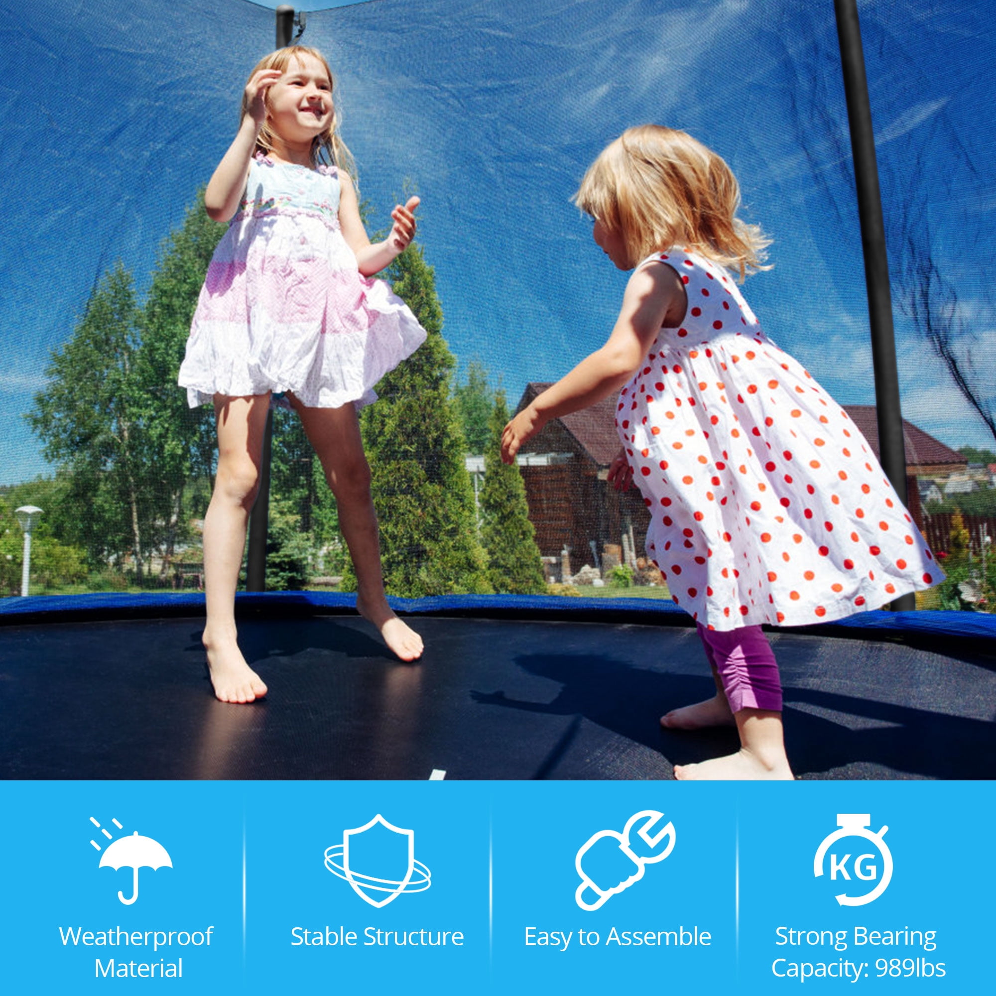 Seizeen Trampoline for Kids Adults, 12FT Outdoor Trampoline with Enclosure Net, Heavy-Duty Trampoline w/ 4 W-shaped Supports for Max 570LBS, Thickened Spring Pad, 8 Poles, 72 Color Galvanized Springs