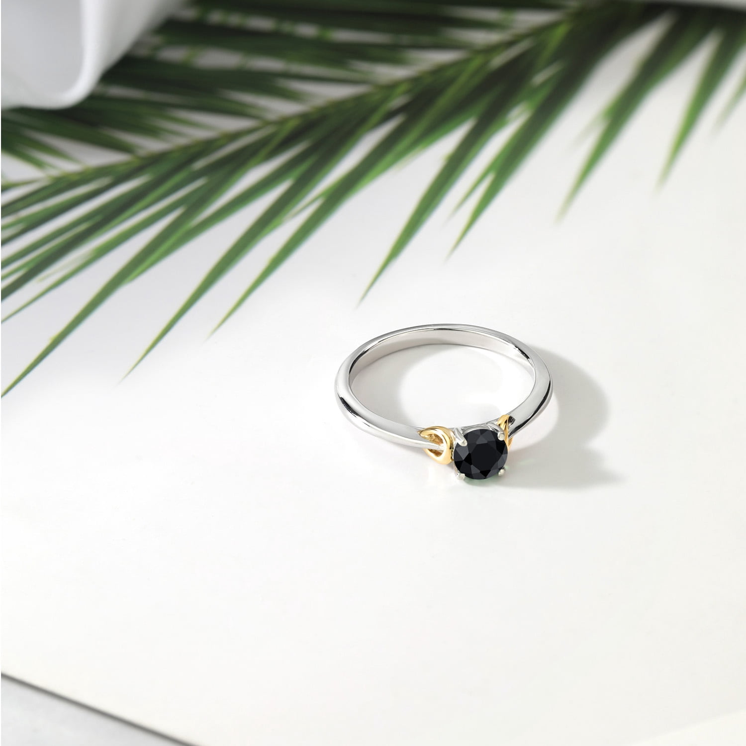 Gem Stone King 925 Sterling Silver and 10K Yellow Gold Black Sapphire Solitaire Engagement Ring for Women (0.69 Cttw, Round 5MM, Gemstone September Birthstone, Size 5)