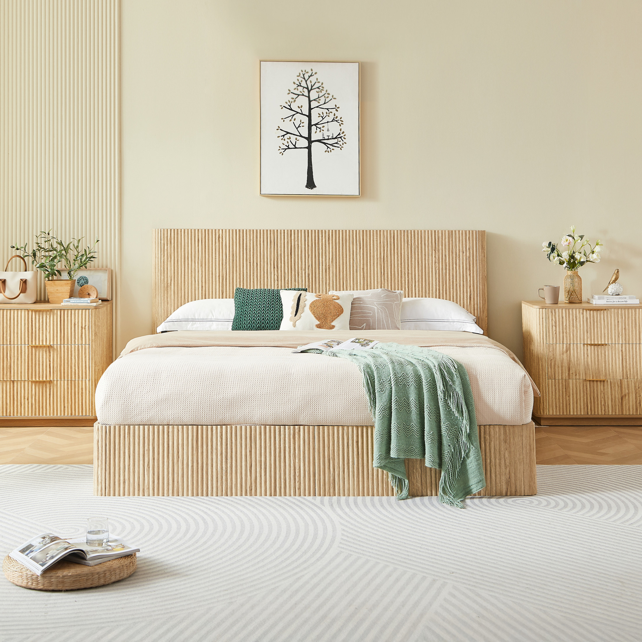 Noble House Modern Lift-Up Storage Bed Frame with Wooden Corrugated Curved Lines, King Size, Oak