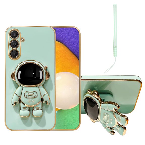 Annyojo for Samsung Galaxy A16 5G Phone Case Cute 6D Astronaut Case with Stand Function,with Lanyard Luxury Plating Case Cover Electroplated Case for Samsung Galaxy A16 5G 6.7-inch, Cyan