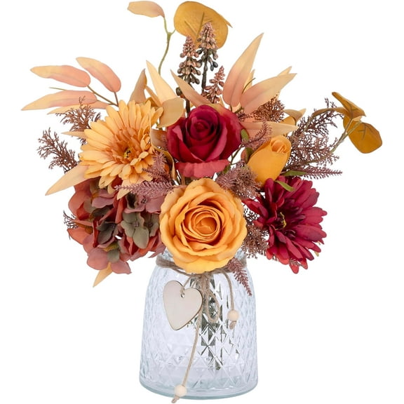 Artificial Flowers with vase，Fake Silk Roses in Vase for Home Decor ，Table Centerpieces for Dining Room，Coffee Table Decor，Bathroom Decor，Kitchen Table Decor(White Rose…