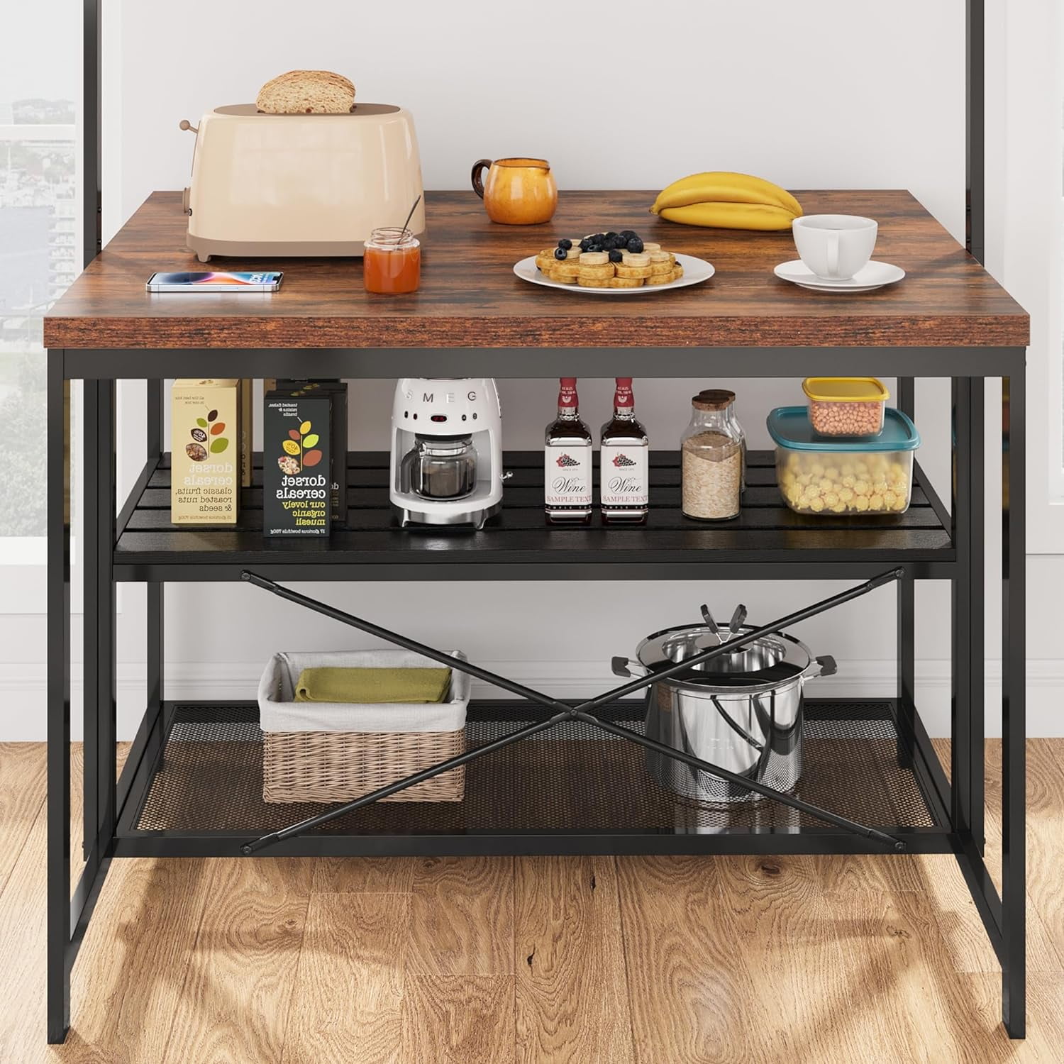 Trilenars 42inch Kitchen Island with Storage & Seating - 3-Tier Bakers Rack,Microwave Stand with 5 Hooks and 5 Rack,Multi-Function Island Table for Small Spaces,Retro color top plate