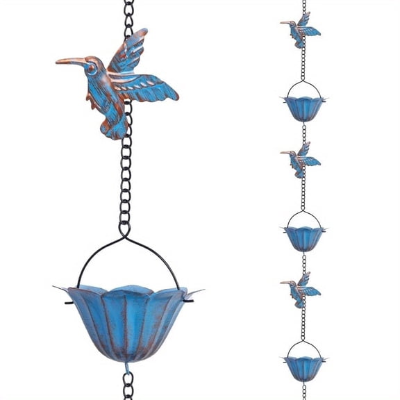 8.74FT Blue Hummingbird Rain Chain - Includes 7 Birds & 7 Cups, Rustic Metal Rainwater Collection Chain for Garden, Patio or Eaves, Outdoor Gutter Downspout Alternative