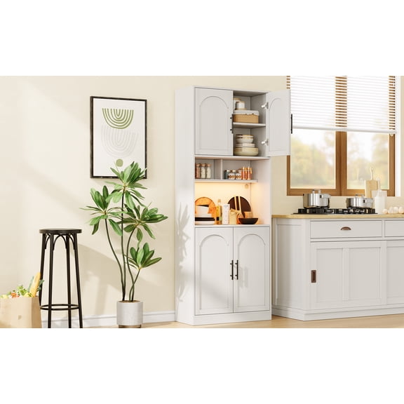 71'' Tall White Pantry Cabinet with LED Light - Freestanding Kitchen Hutch with Microwave Shelf, Adjustable Doors & Shelves - Multi-Room Storage Organizer - Cupboard for Dining, Living, Bathroom