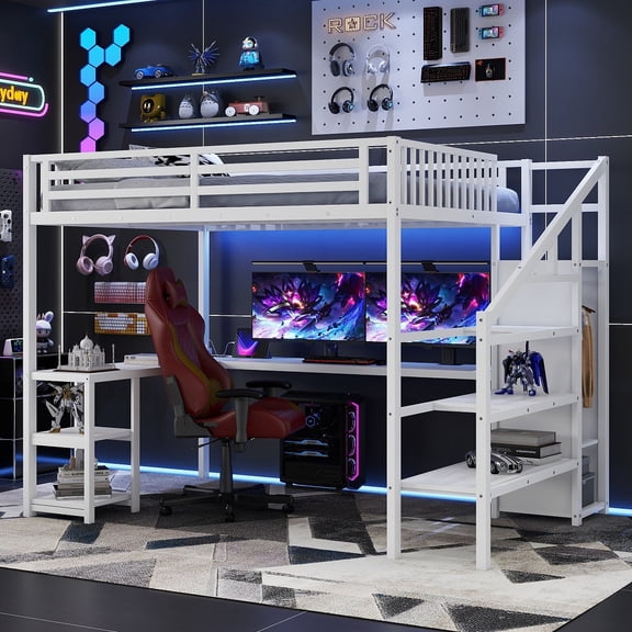 Queen Size Loft Bed with L Shaped Desk and USB  Metal Queen Loft Bed with Wardrobe and LED