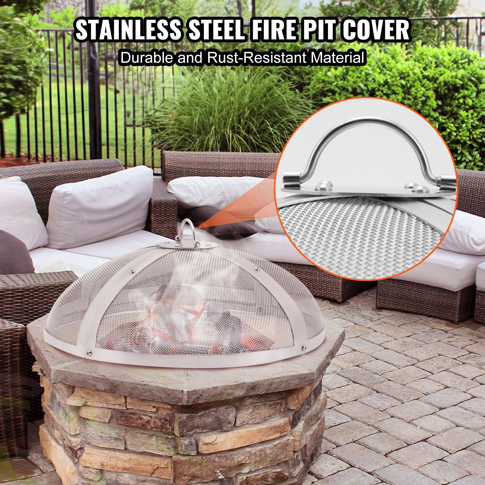 27" Stainless Steel Fire Pit Cover, 2mm Mesh, Tightly Woven Spark Guard, Handle Design, Easy Assembly, for Fire Bowl Fireplace Protection