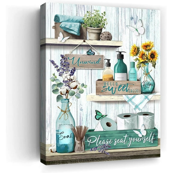 Bathroom Decor Wall Art Butterfly Teal Sign Rustic Farmhouse Canvas Prints Signs Bathroom Pictures Wall Decor Wood Background Pictures Artwork Framed Bath Laundry Home Decorations 12''''x16''''