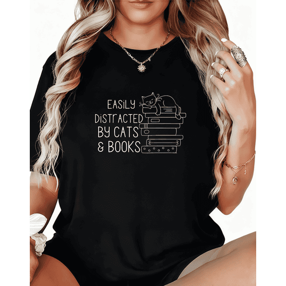 Print Tshirt Graphic Tees Cute Cat Reading Books Shirts Black S-5XL Everyday Tops