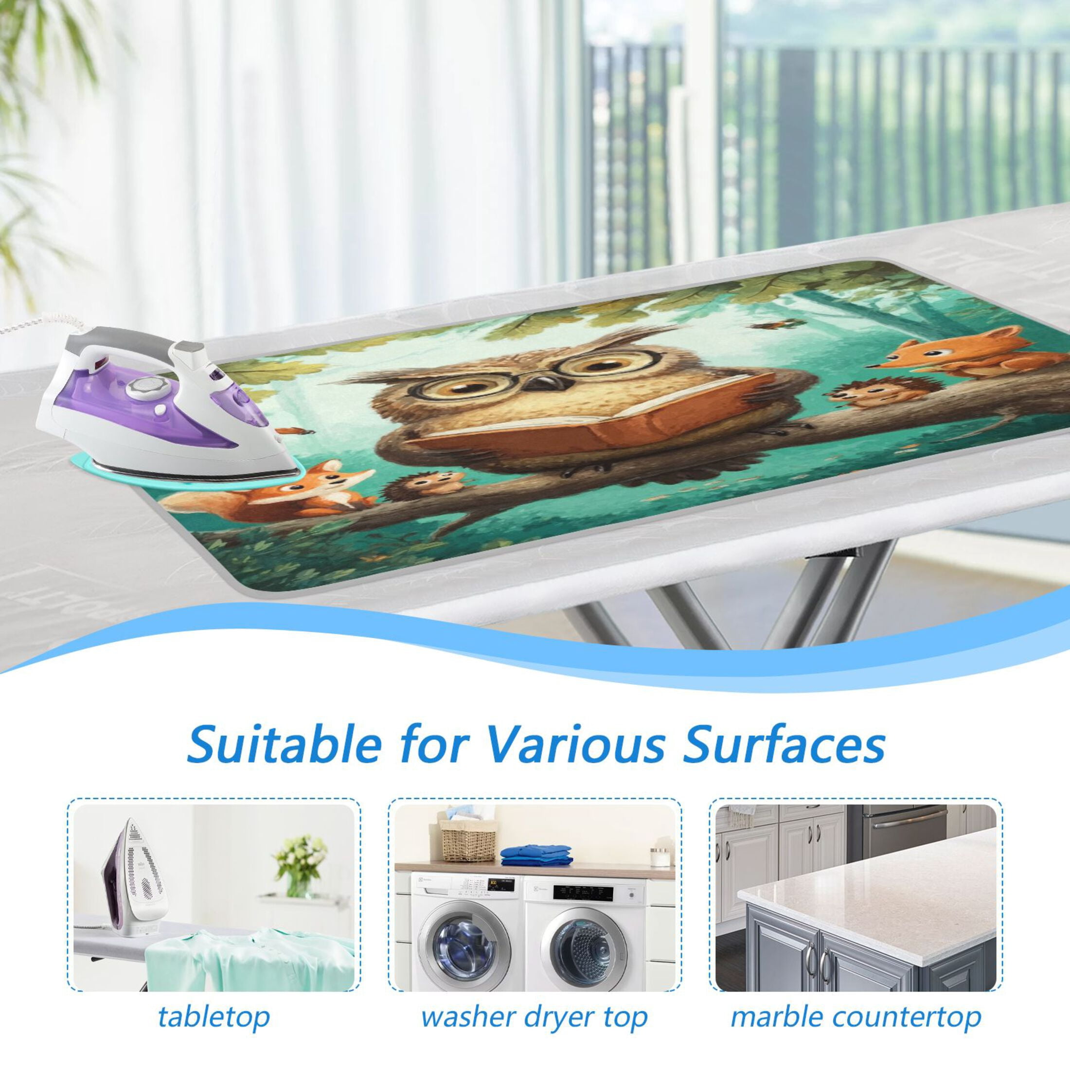 Ironing Mat Portable Ironing Blanket for Table Top Travel Ironing Pad for Washer Dryer 27.6" x 47.2" Owl Wearing Glasses