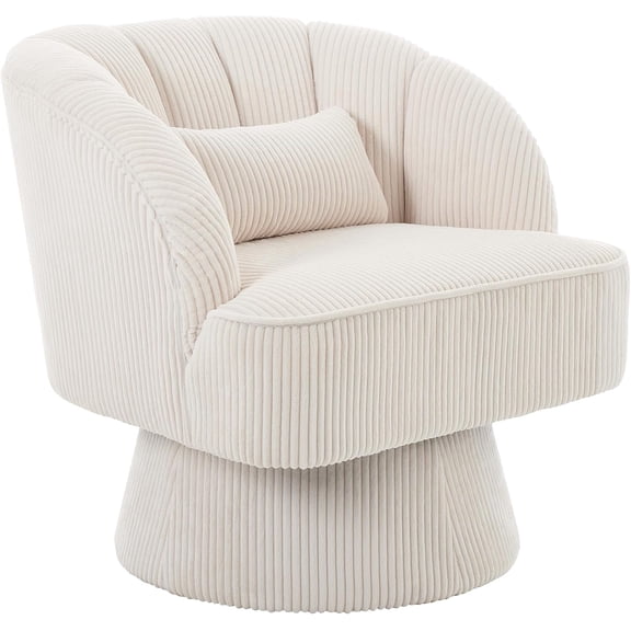 Ultra-Plush Swivel Accent Chair, 360° Barrel Lounge Chair with Cloud-Like Padding & Modern Striped Backrest, Corduroy Upholstered Round Armchair for Living, Bedroom Reading Nook - Beige - 1PCS