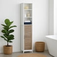 thumbnail image 5 of Tall Bathroom Storage Cabinet with Open Shelves and Vented Door, Slim Linen Cabinet for Compact Bathroom Organization, White and Oak Finish - Stockholm Collection, 5 of 12