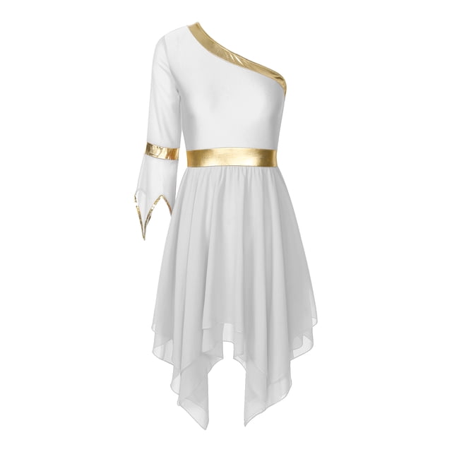 Raenseen Costume de Danse pour Femmes Superposition Tunique Sequins Culte Lyrisme Danse Robe Blanche TTG
