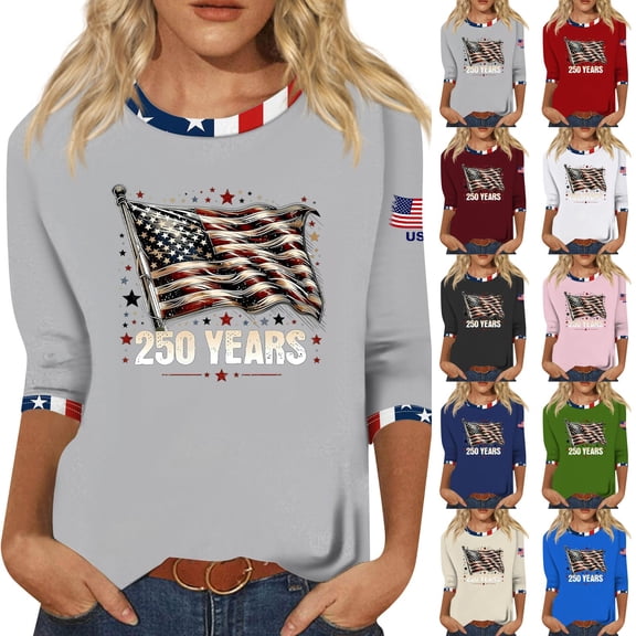 Youpwaven America 250th Anniversary Women's 3/4 Sleeve Top, USA 250 Years Patriotic Graphic Shirt, 4th of July Waving Flag Crew Neck Tee with Contrast Trim