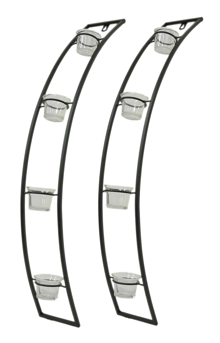 Black Contemporary Curved 2 Piece Metal Wall Candle Holder Set