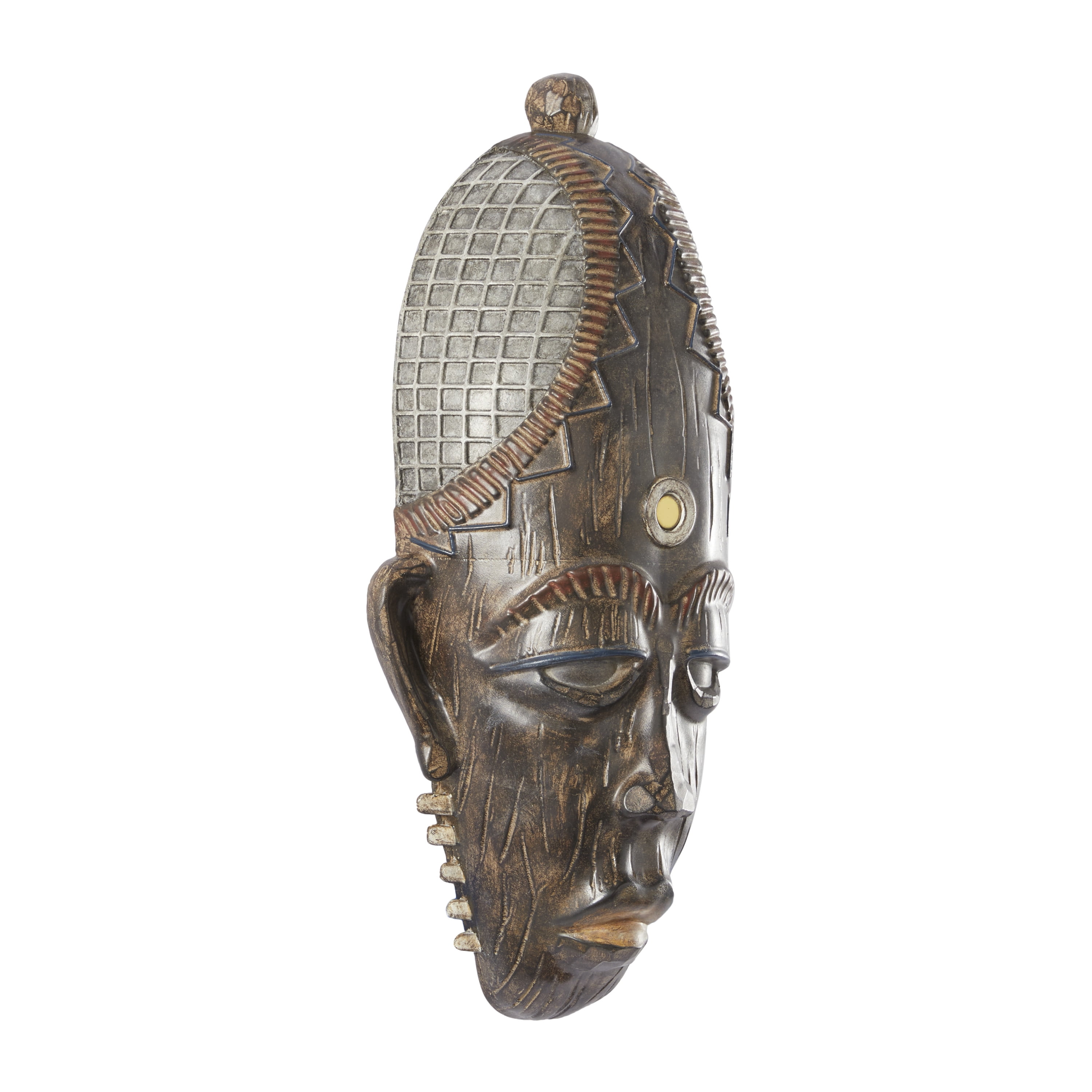 DecMode Brown Polystone Mask African Tribal Home Wall Decor with Rust and Navy Carvings, 8" x 4" x 18"