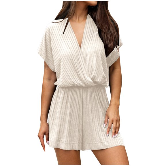 Npasoilc Summer Dress Pants for Women Short Sleeves V-Neck Casual with Pockets Short Jumpsuit