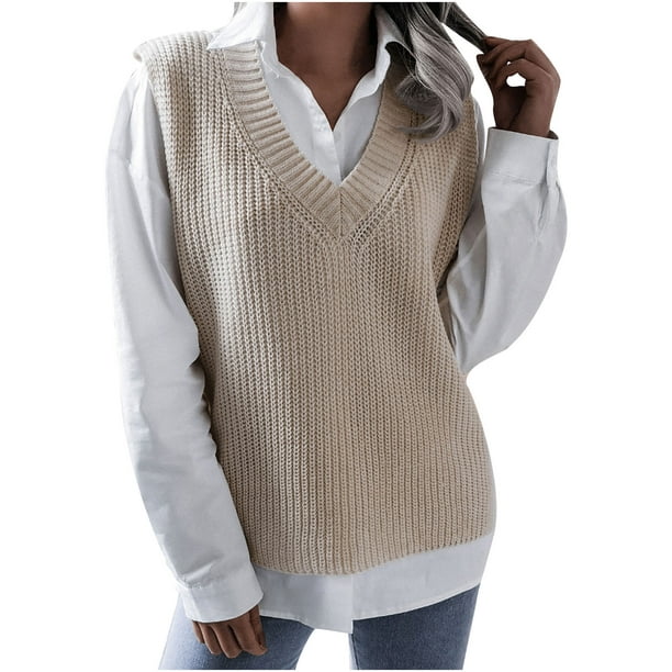 WREESH Women Casual V-Neck Hollow Knitted Vest Sweater Vest