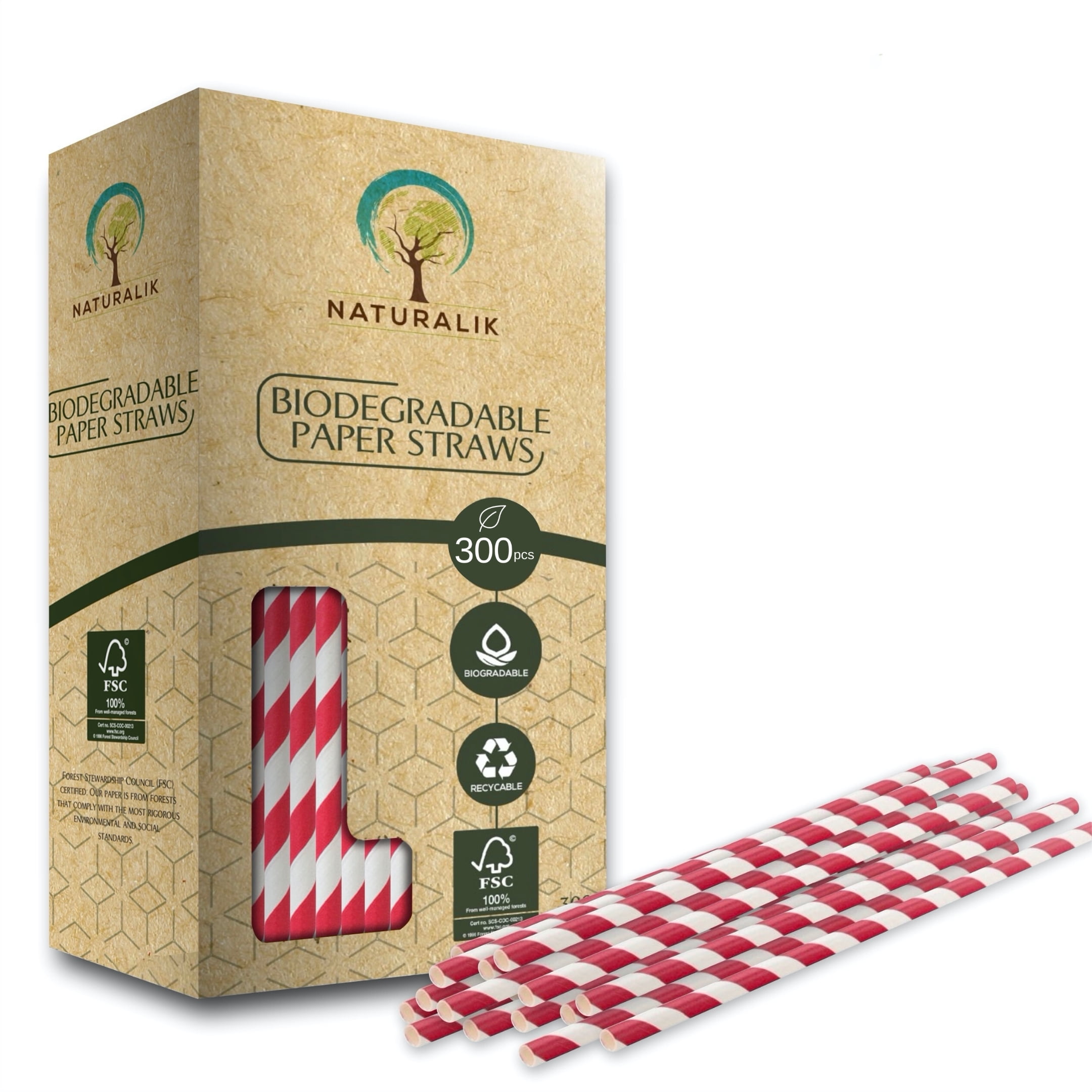 Naturalik 300 Pack Biodegradable Paper Straws Red Premium Eco Friendly