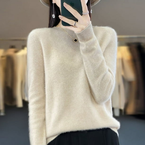 Suéter de otoño e invierno de primera línea listo para usar, suéter de cuello redondo, suéter de punto suelto para mujer, suéter de manga larga, top de color sólido