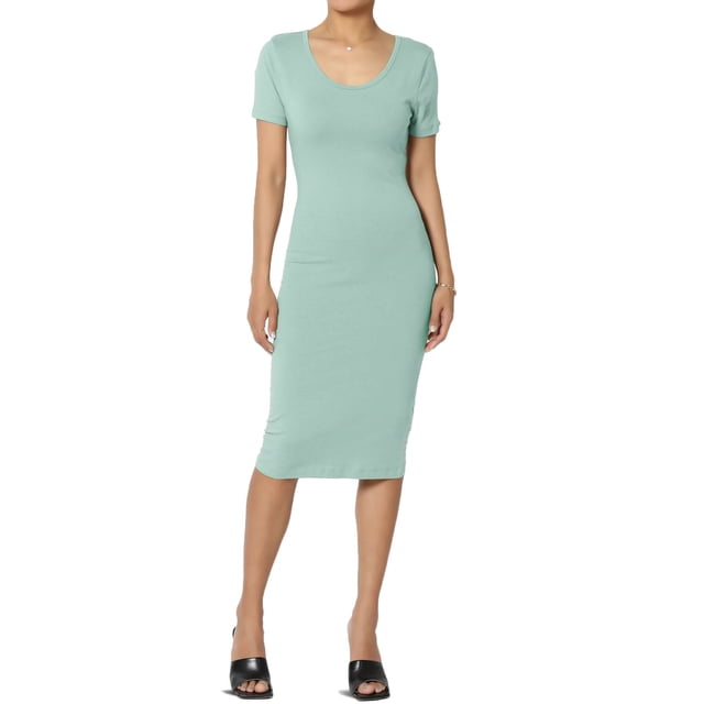TheMogan Robe Midi Moulante en Jersey de Coton Extensible à Manches Courtes pour Femmes