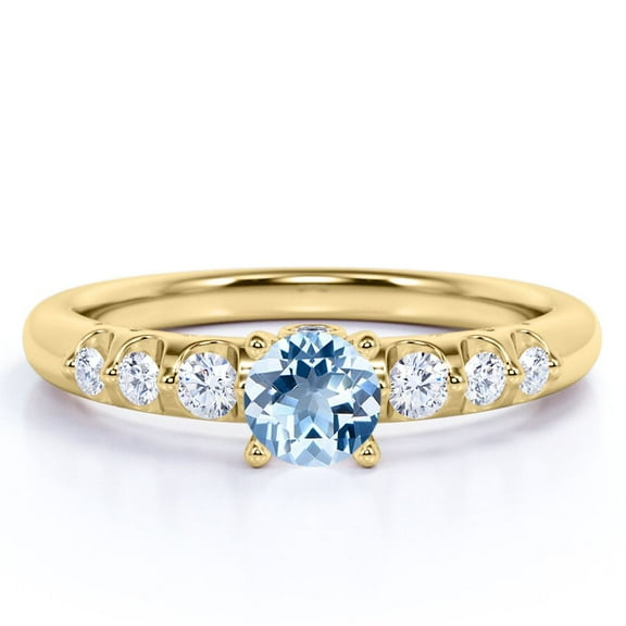JeenMata 1 carat Round Light Blue Created Aquamarine 7 Stone Milgrain Engagement Ring in 18k Yellow Gold over Silver